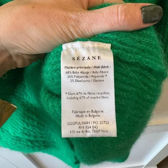 SEZANE Kelly Green Soft Alpaca Classic Preppy V Neck Sweater Cody Jumper XS - Picture 7 of 7